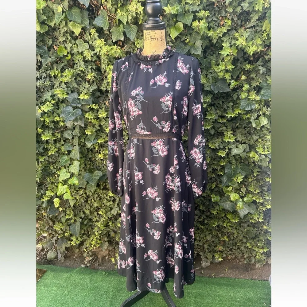 June & Hudson Black Maxi Dress Whimsigoth Boho Goth Floral Ruffles Lace Velvet - Picture 4 of 13